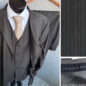 Oscar de la Renta Mens Olive Gray Pinstripe Suit Vest Jacket Pants 3 Piece Set